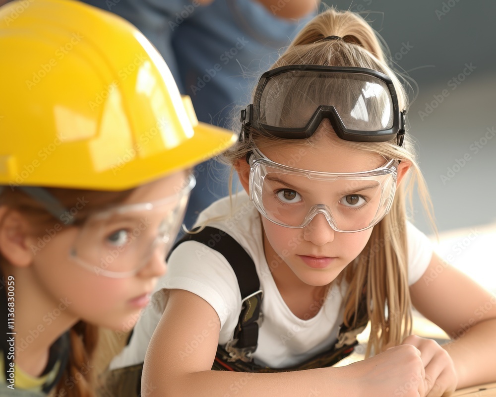 Two young girls, one with a yellow hard hat and both in safety goggles, focus intently on a project. Two young girls, one with a yellow hard hat and both in safety goggles, focus intently on a project.