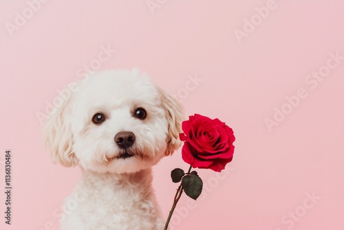 maltipoo with a red rose on a pastel pink solid color background for Valentines Day