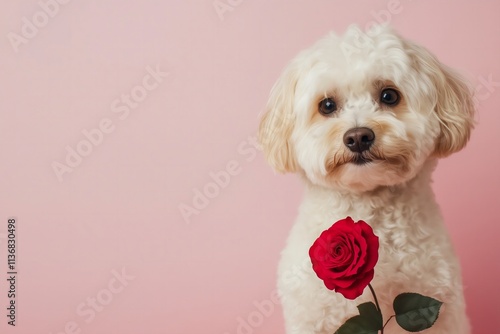 maltipoo with a red rose on a pastel pink solid color background for Valentines Day