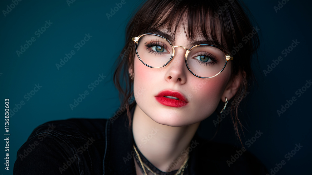 Retrato de mujer con gafas y labios rojos sobre fondo azul oscuro Retrato de mujer con gafas y labios rojos sobre fondo azul oscuro