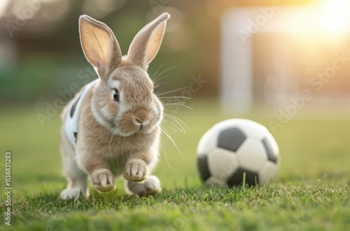 A playful rabbit with distinctive spots stands on grass near a soccer ball, basking in warm sunlight. photo