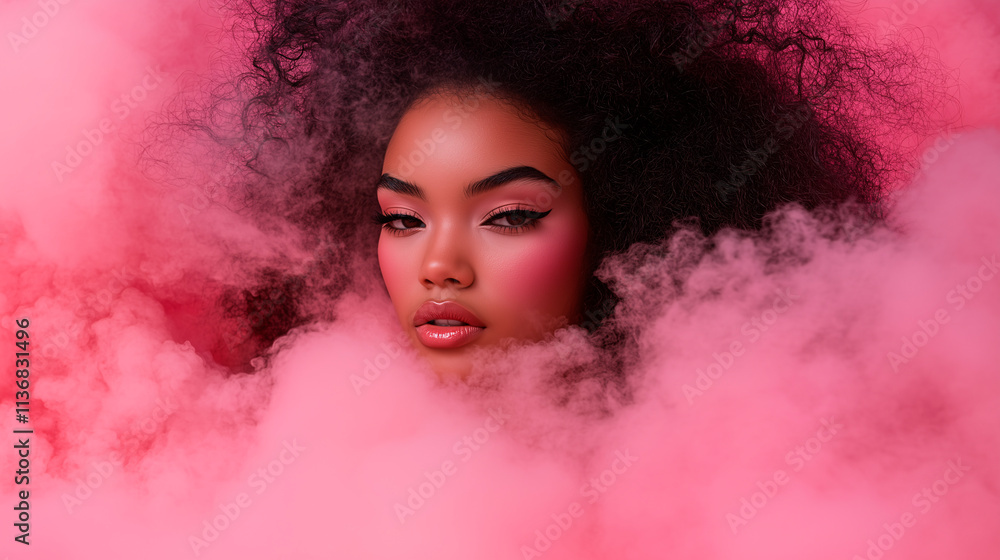 Retrato de mujer con cabello afro rodeada de humo rosa Retrato de mujer con cabello afro rodeada de humo rosa