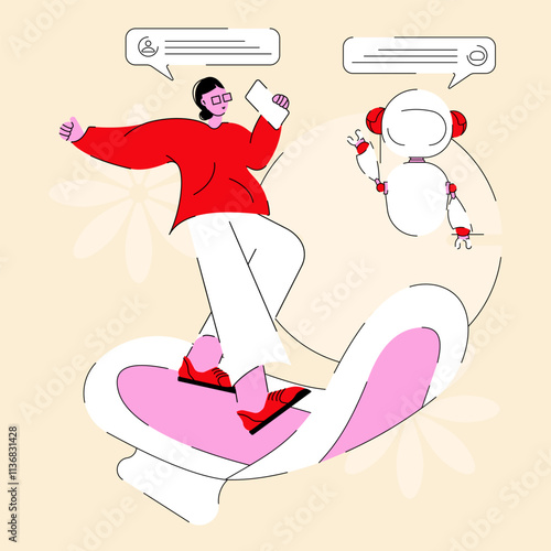 Happy woman with a pad. AI robot cares about women's health and tracks menstrual cycle. The concept of active life. Female reproductive system