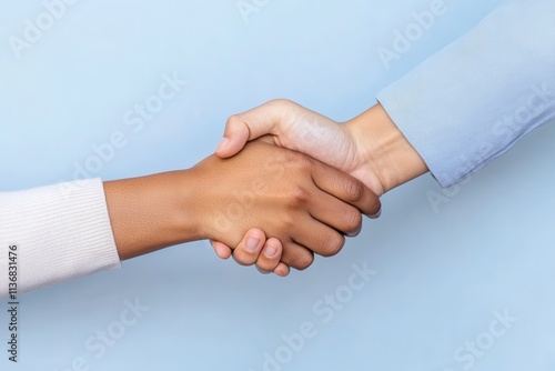 Wallpaper Mural A handshake between a Black female and a Caucasian male, symbolizing unity and collaboration against a light blue background. Torontodigital.ca