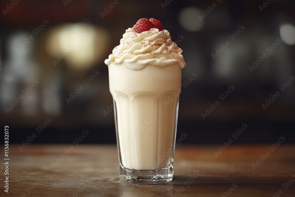 Vanilla milkshake topped with whipped cream, raspberries and chocolate sprinkles sits on a bar Vanilla milkshake topped with whipped cream, raspberries and chocolate sprinkles sits on a bar