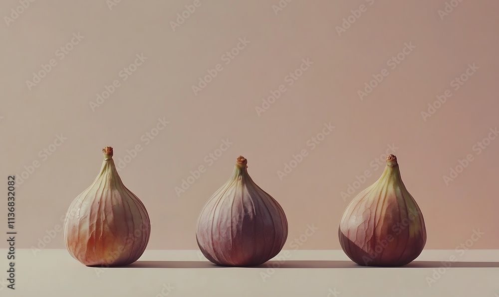 Fototapeta premium Three Ripe Figs Arranged in a Row Against a Neutral Background
