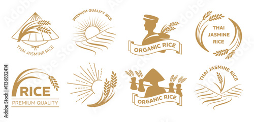 Thai jasmine rice emblems. Elegant badges with rice panicle, paddy field and farmer with Asian conical hats silhouettes. Agricultural product and farming branding templates vector set.