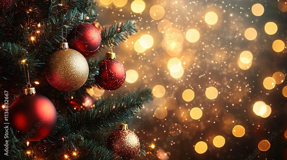 A Christmas tree adorned with golden bokeh lights and red and gold ornaments. A Christmas tree adorned with golden bokeh lights and red and gold ornaments.