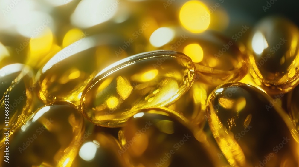 Close-Up View of Shiny Golden Capsules with Soft Glowing Highlights and Transparent Clarity Close-Up View of Shiny Golden Capsules with Soft Glowing Highlights and Transparent Clarity