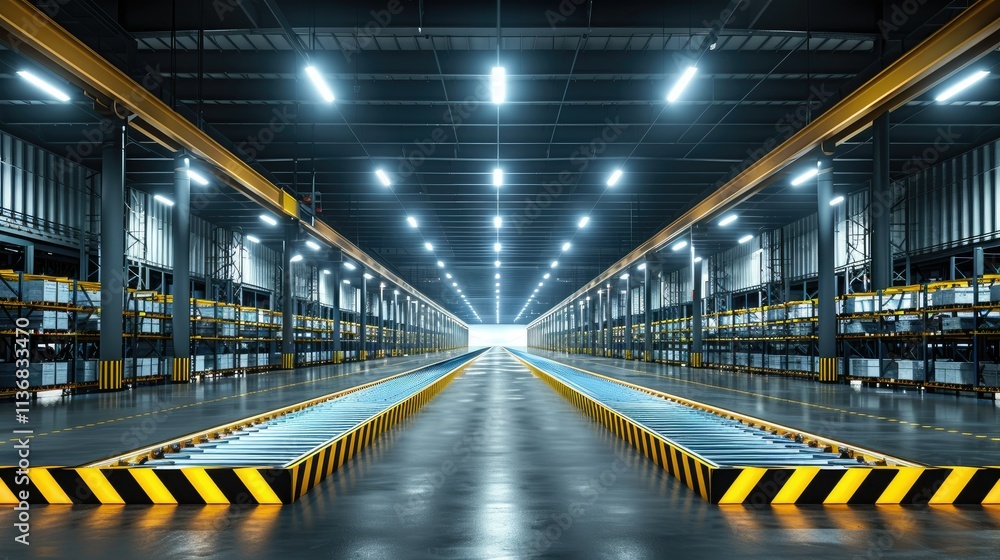 Obraz premium A spacious, well-lit warehouse with storage racks and loading areas.