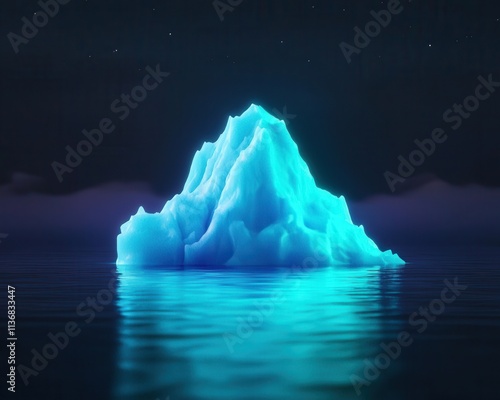 A glowing iceberg rises majestically from tranquil waters under a starlit night sky. photo