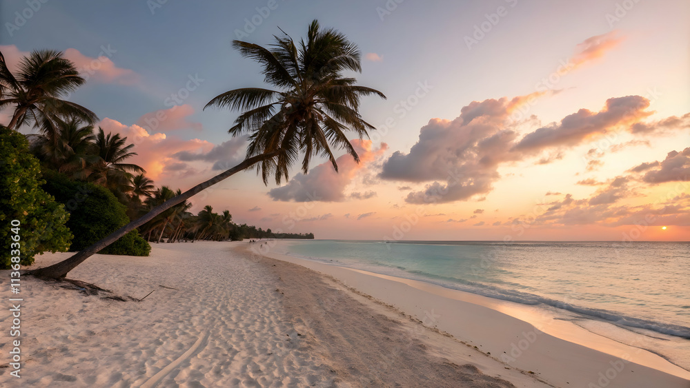 Fototapeta premium Tropical sunset with leaning palm tree over golden sand and calm turquoise ocean.