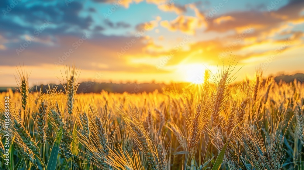 Fototapeta premium Golden Wheat Field at Sunset with Dramatic Sky and Beautiful Warm Light Illuminating Nature's Serenity and Abundant Harvest in Rural Landscape