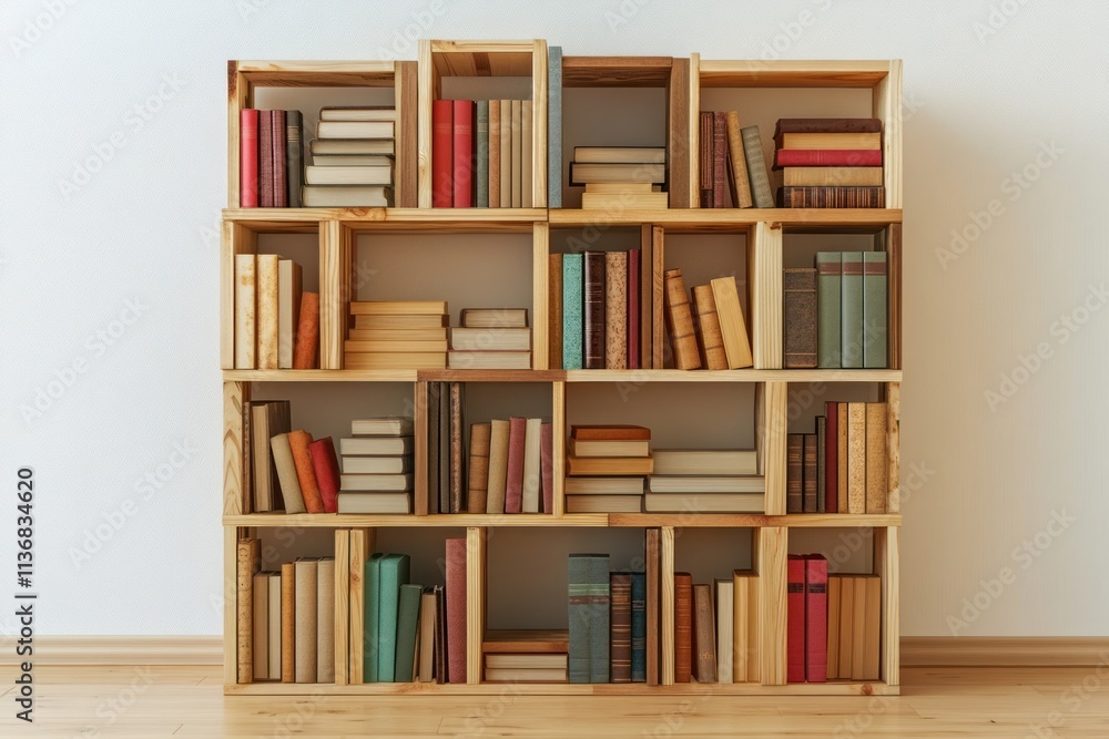A full wooden bookcase filled with various books against a white wall. A full wooden bookcase filled with various books against a white wall.
