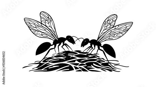 Winged ants emerging from the nest for their mating flight, Animal Illustration