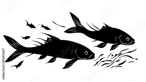Catfish using whiskers to probe river bottom for food, Animal Illustration