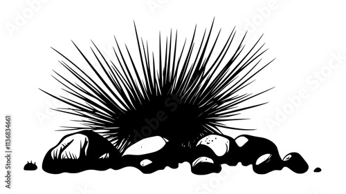 A sea urchin moves slowly across a rocky surface, spines adjusting to obstacles, Animal Illustration