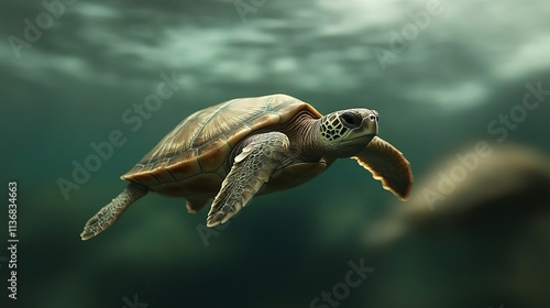 A graceful green sea turtle gliding through clear ocean waters, showcasing intricate shell patterns and serene underwater surroundings.