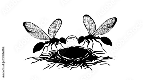 Winged ants emerging from the nest for their mating flight, Animal Illustration