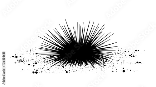 A sea urchin sits on a sandy seafloor, surrounded by small particles of marine material, Animal Illustration