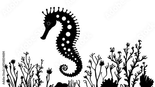 Seahorse anchored to coral with its prehensile tail, Animal Illustration