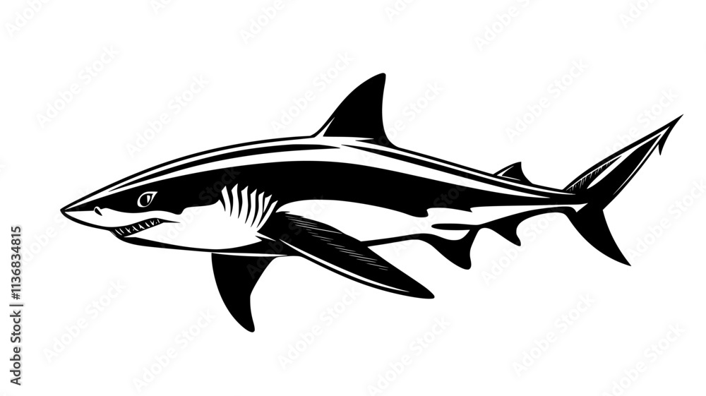 Shark turning sharply in water, body twisting as it changes direction, Animal Illustration Shark turning sharply in water, body twisting as it changes direction, Animal Illustration