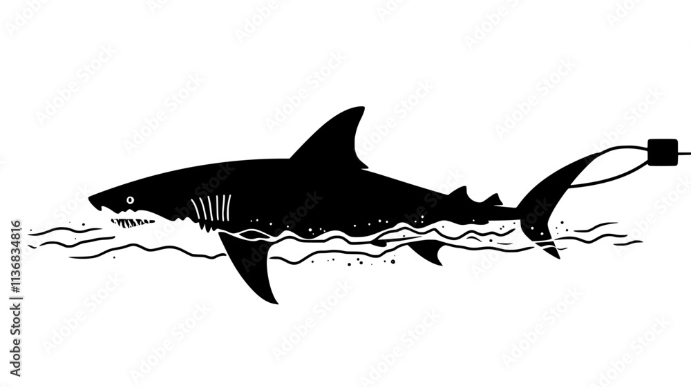 Obraz premium Shark tracked by satellite tag breaking the water surface, Animal Illustration