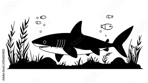 Shark resting on the sea floor with gills pumping water, Animal Illustration