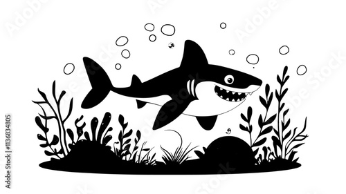 Shark pup emerging from egg case on the sea floor, Animal Illustration