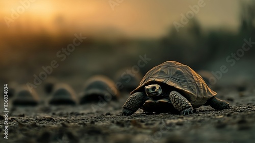 A close-up of a turtle moving towards the camera with a soft sunset in the background, creating a serene atmosphere.