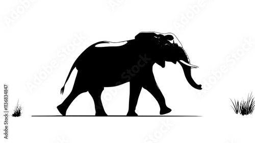 Single elephant walking slowly across flat terrain, trunk swinging slightly, Animal Illustration