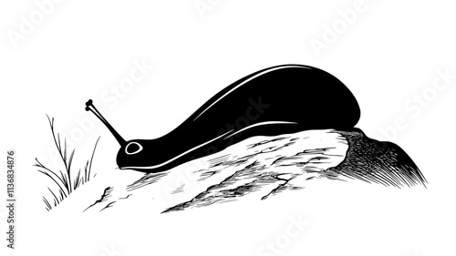A slug climbs over a rock, its body stretching to accommodate the uneven surface, Animal Illustration