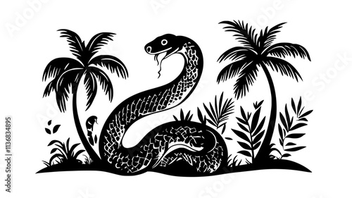Snake consuming prey whole in a jungle setting, Animal Illustration