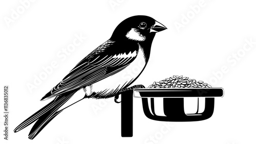 Sparrow perched on bird feeder eating seeds, Animal Illustration
