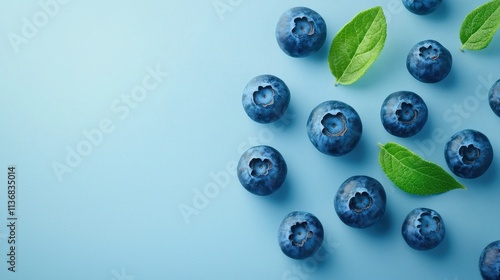 Fresh and Juicy Blueberries with Green Leaves Arranged on a Soft Blue Background, Perfect for Healthy Eating and Natural Ingredients Concepts