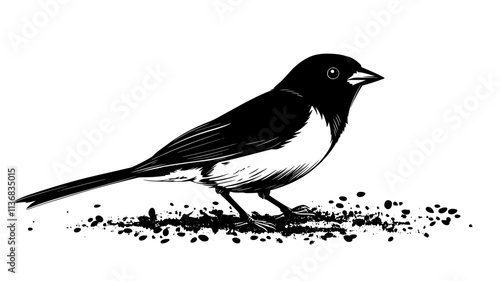 Sparrow standing on the ground, pecking at grains scattered across the dirt, Animal Illustration