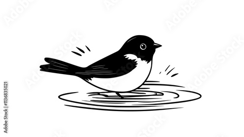 Sparrow splashing in a shallow puddle for a bath, Animal Illustration