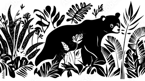 Spectacled bear climbing in the cloud forest canopy of the Andes, Animal Illustration