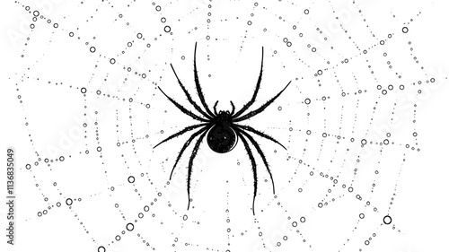 Spider in the center of an orb web with dew drops, Animal Illustration