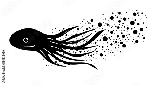 Squid using jet propulsion to swim, leaving a trail of bubbles behind, Animal Illustration