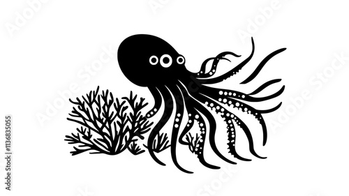 Squid floating near coral, tentacles extended in multiple directions, Animal Illustration