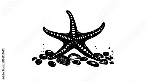 A starfish moves over a bed of small stones, navigating with its tube feet, Animal Illustration