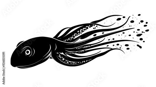 Squid jetting forward by propelling water from its mantle, Animal Illustration