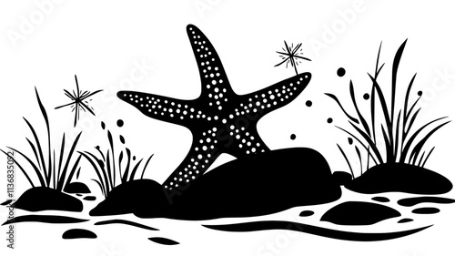Starfish clinging to a rock in a tide pool with tentacles extended, Animal Illustration