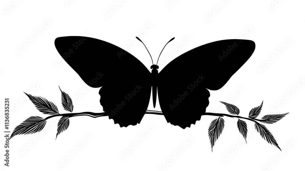 The butterfly rests on a branch, its antennae pointed forward and wings motionless, Animal Illustration The butterfly rests on a branch, its antennae pointed forward and wings motionless, Animal Illustration