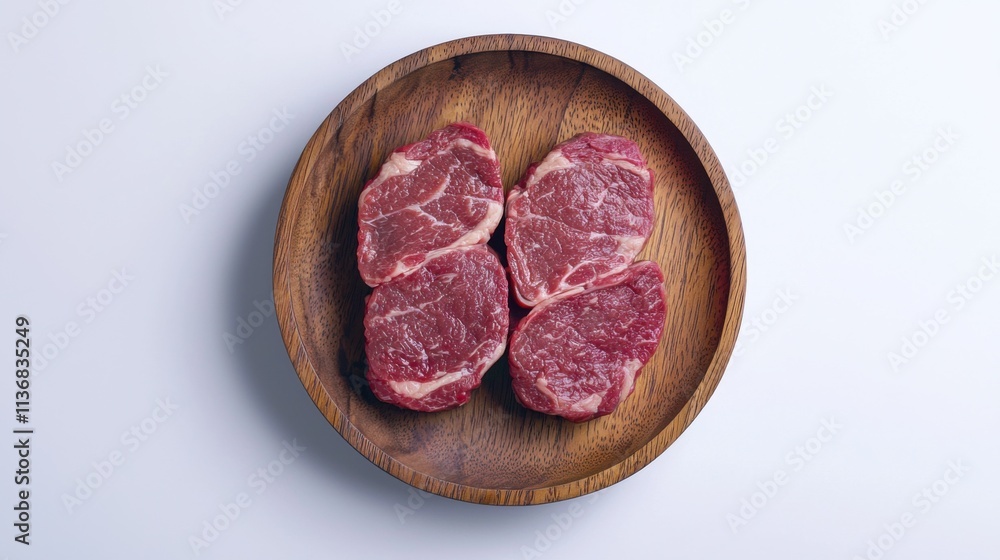 Four beautiful cuts of fresh steak are arranged neatly on a wooden platter, ideal for grilling or gourmet meals. Four beautiful cuts of fresh steak are arranged neatly on a wooden platter, ideal for grilling or gourmet meals.