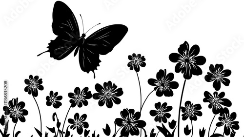 The butterfly approaches a group of flowers, focusing its attention on one specific bloom, Animal Illustration