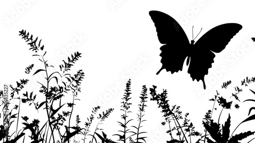 The butterfly is mid-flight, its wings fully extended while hovering near a leafy area, Animal Illustration