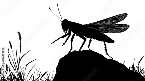 The grasshopper leaps onto a rock, landing gracefully before continuing its movement, Animal Illustration