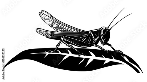 The grasshopper lands on a leaf, its long legs tucked beneath its body, Animal Illustration